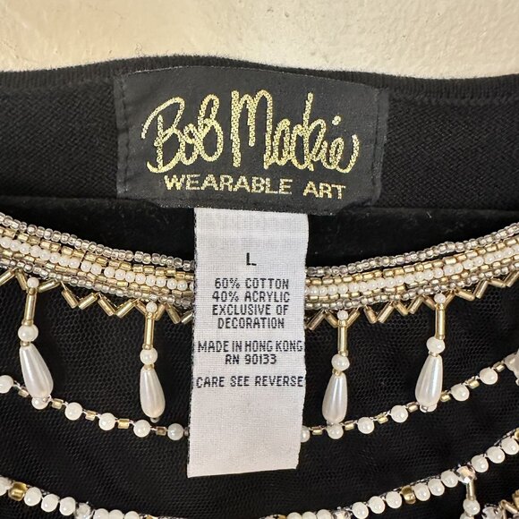 Bob Mackie Womens Pullover Sweater Large Wearable Art Black Beaded Pearl Accent - Picture 3 of 7